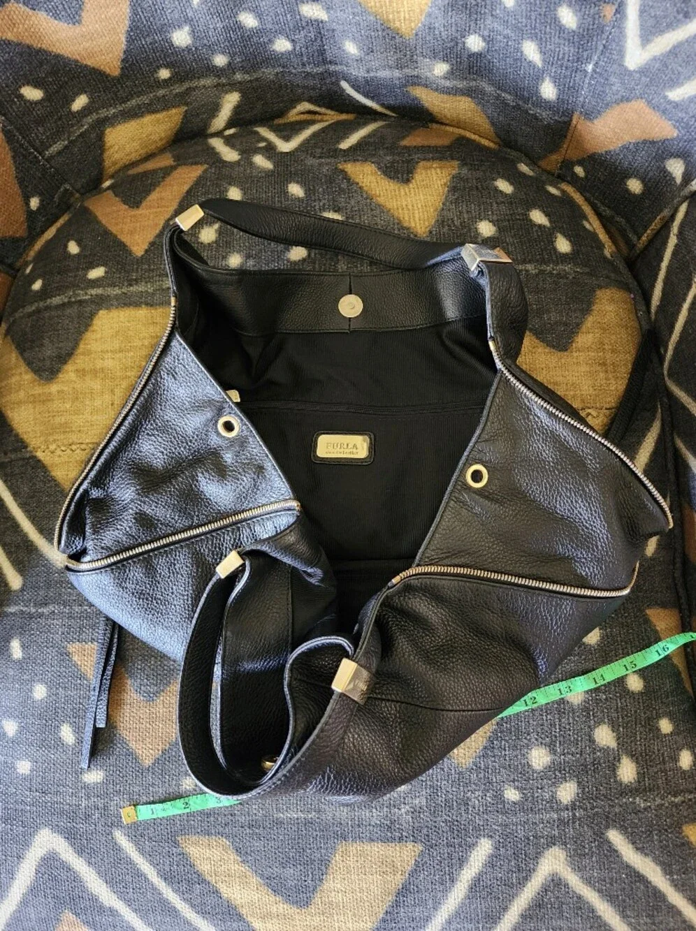 Furla Liz Daino Large Black Pebbled Leather Convertible Slouchy Hobo Bag Tote